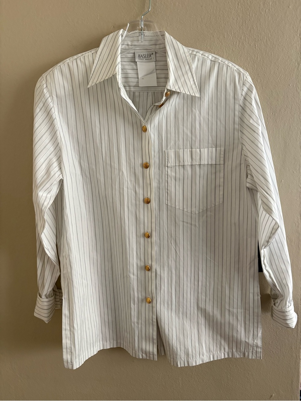 Vintage Basler White Pinstripe Shirt with Gold Buttons